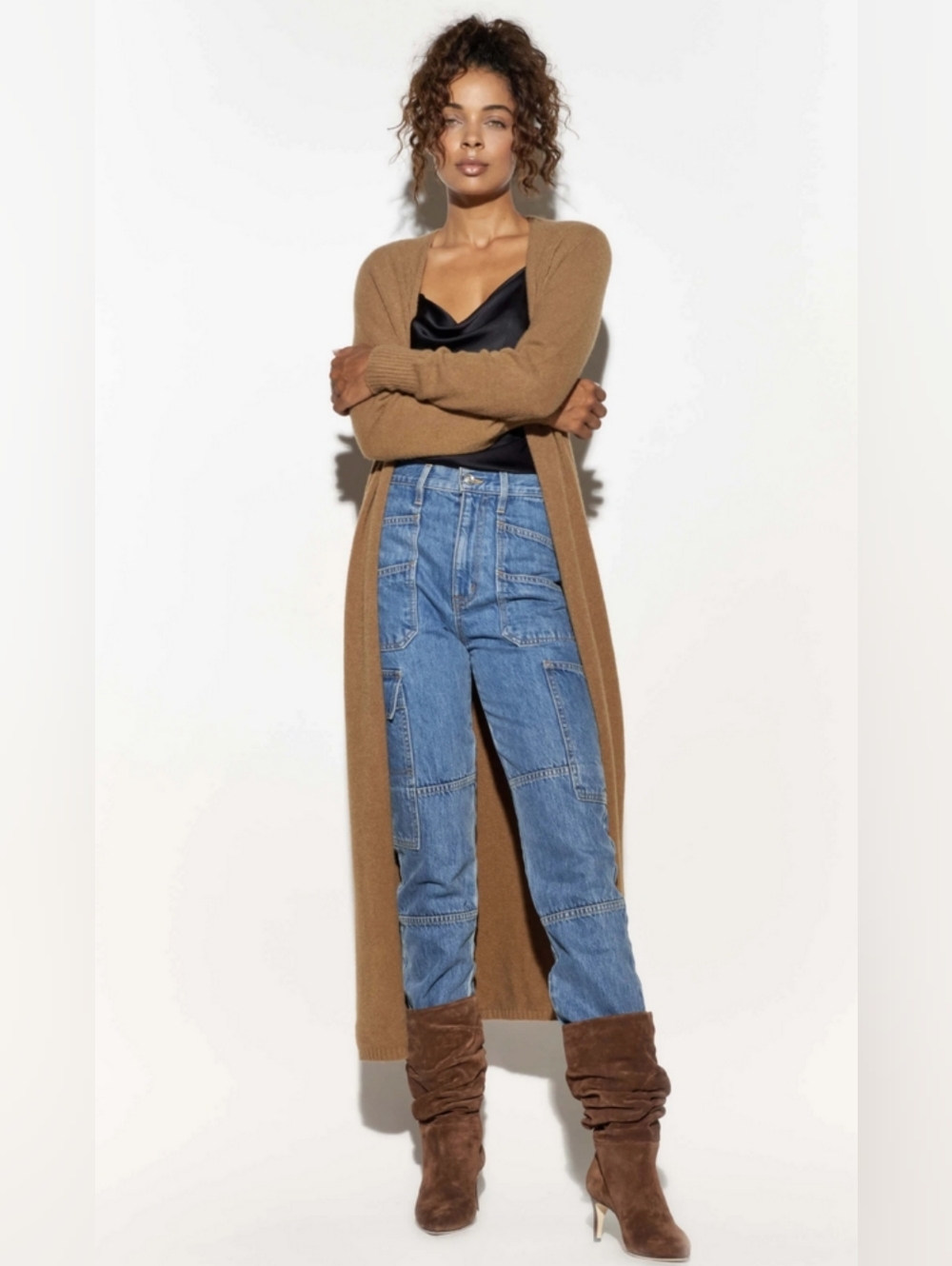 Apparis Long Camel Open Cardigan Vegan Cashmere Duster Slit Sides